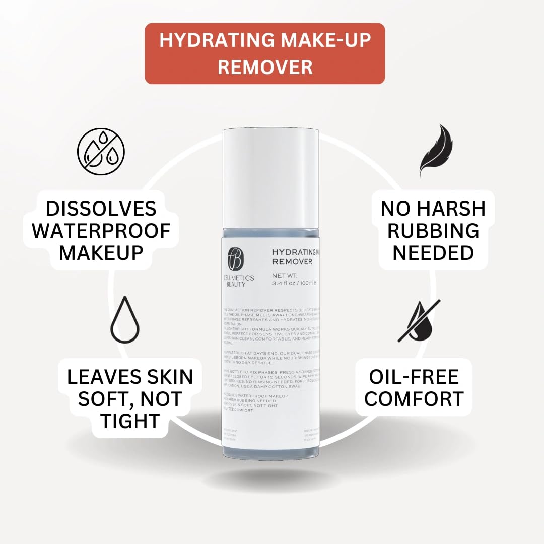 CELLMETICS BEAUTY Hydrating Gentle Eye Makeup Remover Oil-Free & Cleanser for Sensitive Eyes, Non-Greasy Makeup Remover, Waterproof Mascara Remover, 3.4 fl. oz