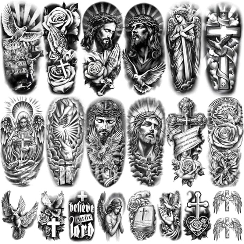 77 Sheets Christian Temporary Tattoo Adult, Religious Jesus Christ Cross Angels God Half Arm Fake Tattoos, Christ Catholic Realistic Tiny Body Temporary Tattoos for Men and Women Kids