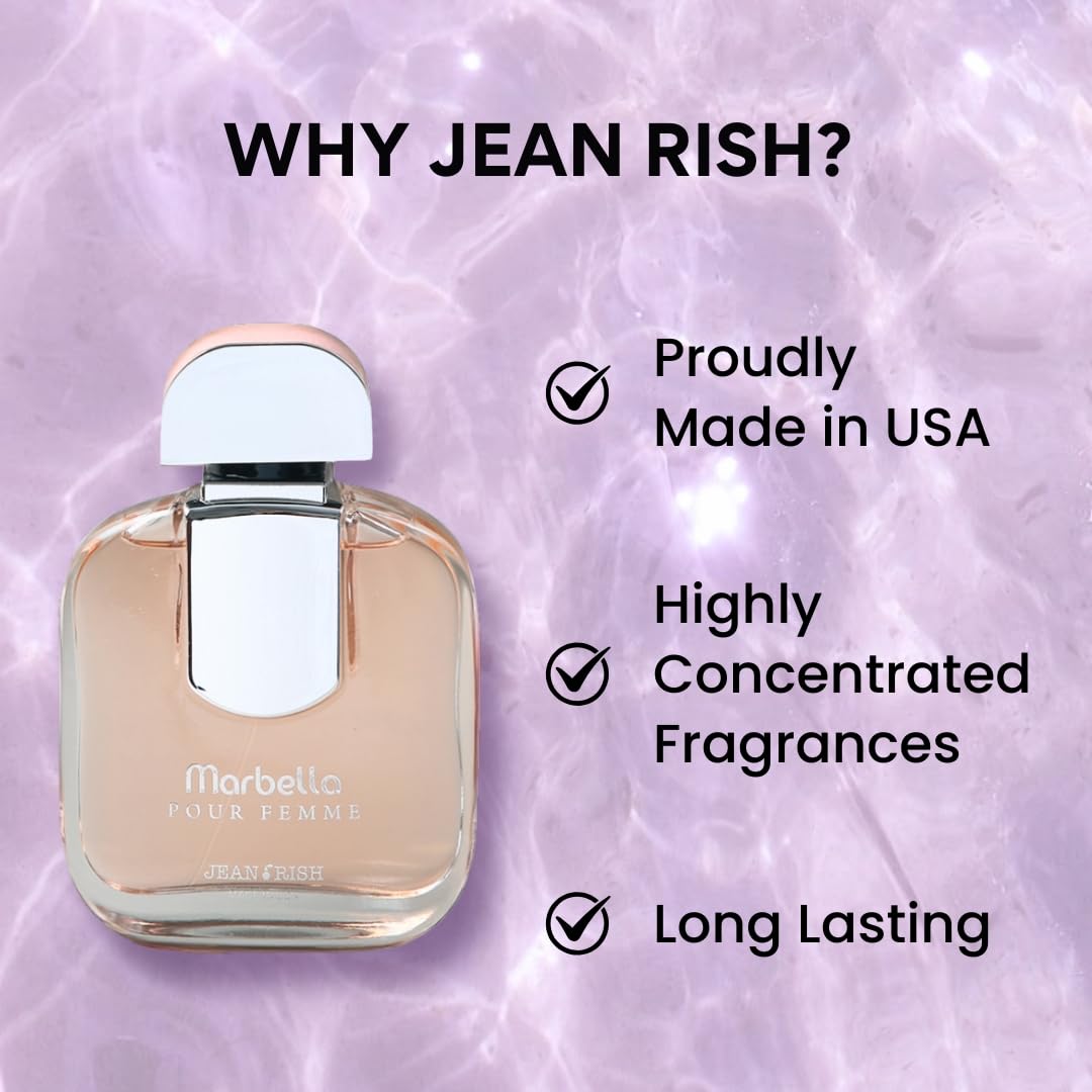 Jean Rish Marbella Perfume for Women Eau De Parfum, Long-Lasting Luxury Fragrance, Made In USA - Pear, Jasmine, Vanilla, Iris, Patchouli Scent - 100ml / 3.4 oz
