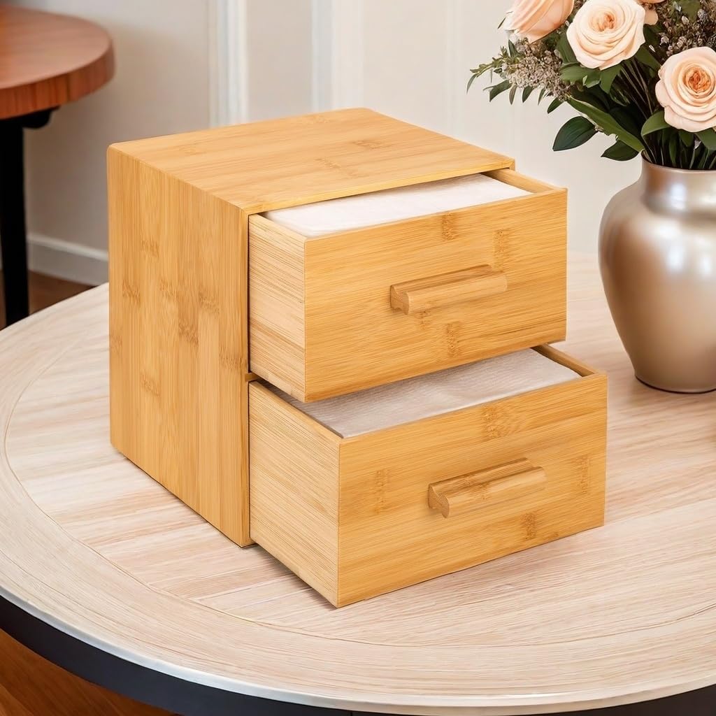 Bamboo Box with Makeup Remover Wipes, 50 XL Disposable Towels, Wash Cloths for Face and Body, Double-drawer Container for Face Towelettes