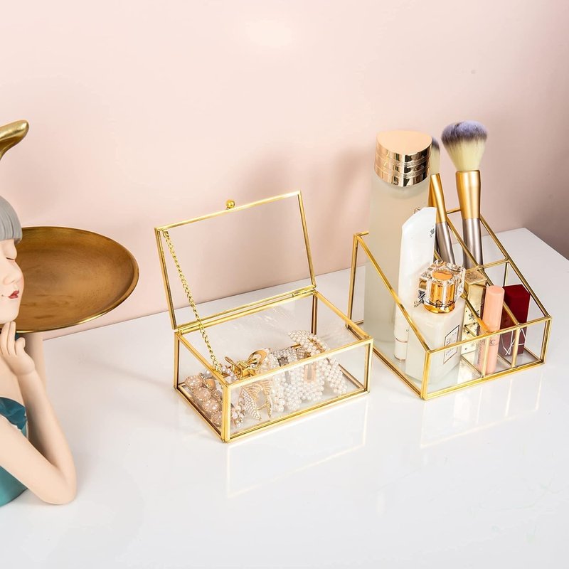 Feyarl Glass Makeup Organizer 5 Slot Cosmetic Brush Holder Vanity Storage for Makeup Jewelry Dresser Tabletop Desk Accessories Case