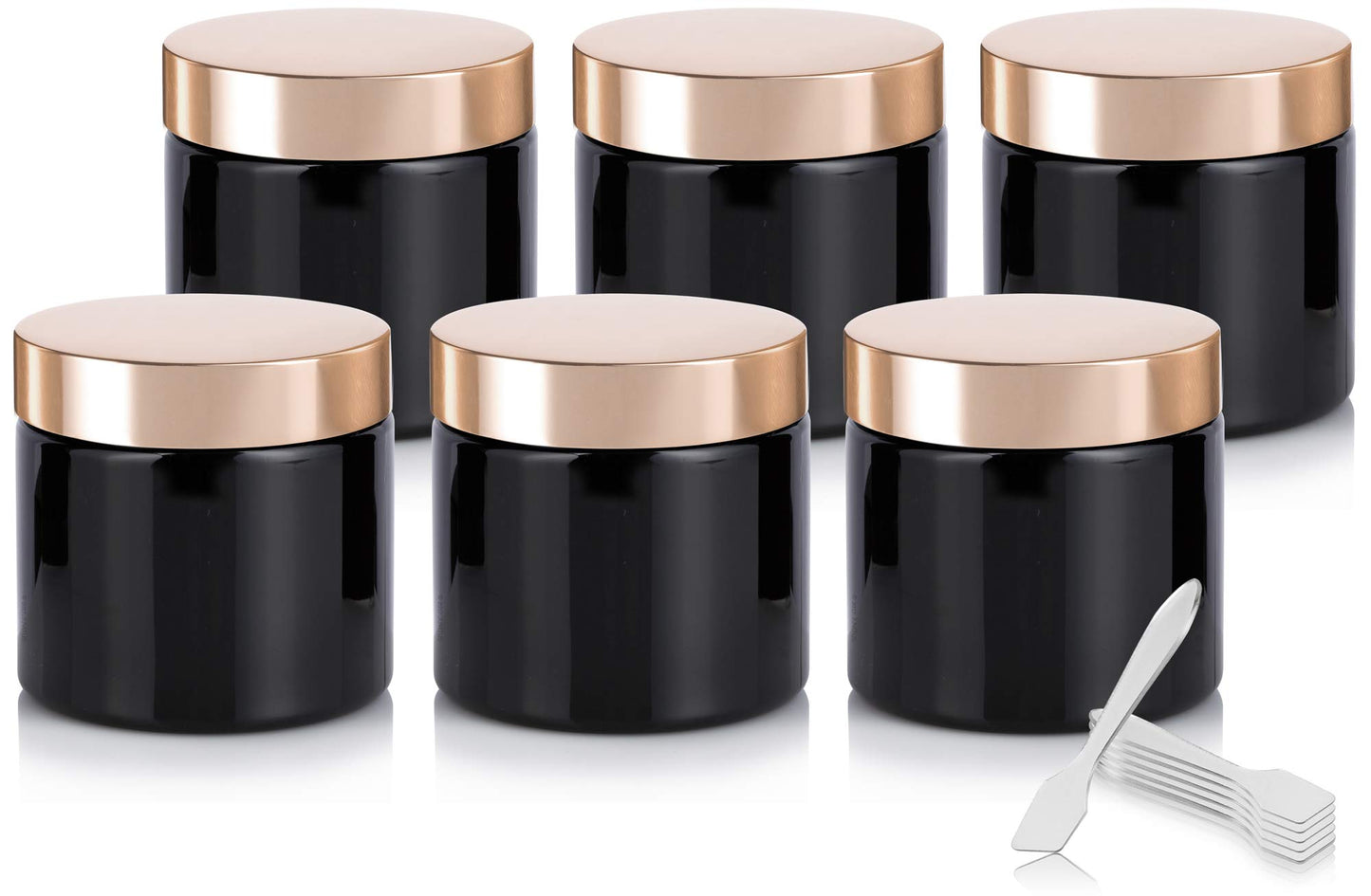 JUVITUS 16 oz Black PET Plastic Jar with Gold Metal Overshell Lid (6 Pack) + Spatulas