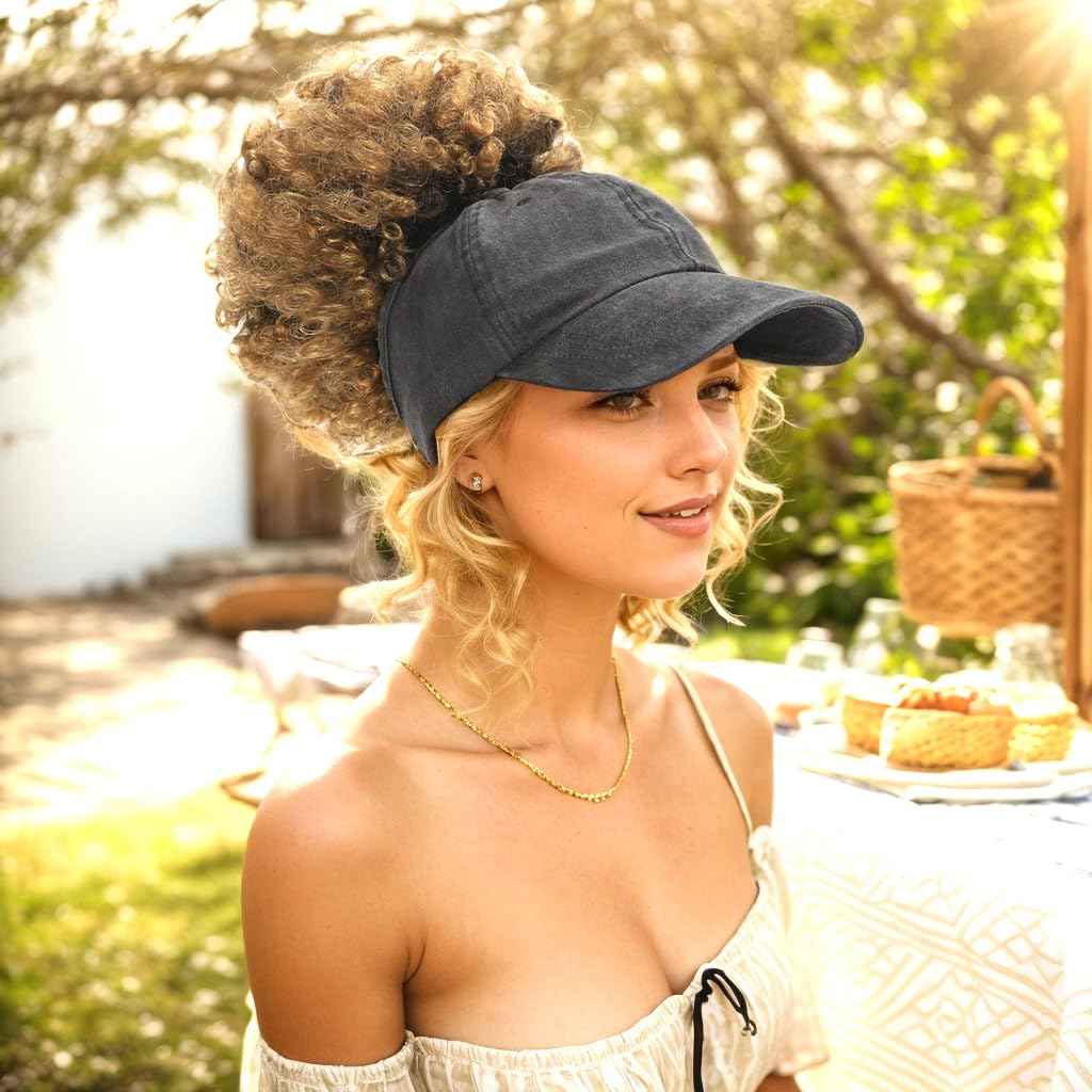 Degfey Women's Backless Baseball Caps for Curly Hair, Satin Lined, 2 Pack (US, Alpha, One Size, Medium, Black+Green)