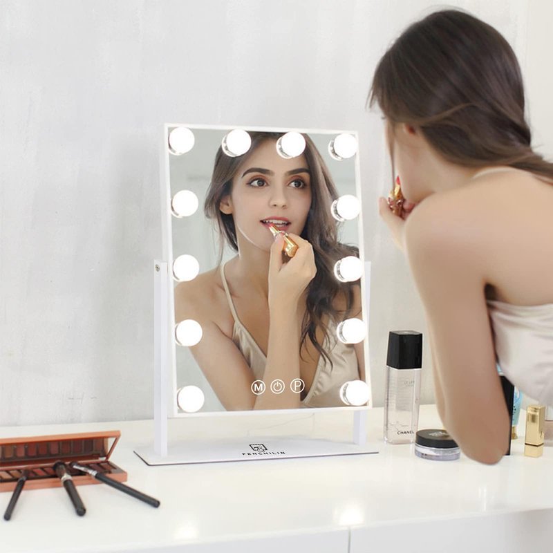 FENCHILIN Vanity Mirror with Lights, 19''x12'' Makeup Hollywood Mirror for Desk with 12 Bulbs Light Smart Touch Control 3 Colors Dimmable Detachable 10X Magnification Tabletop 360°Rotation