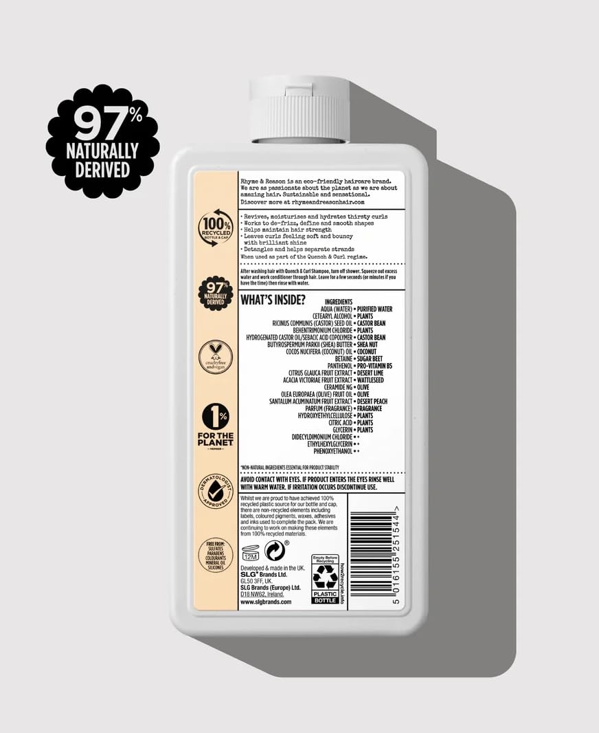 Rhyme & Reason Quench and Curl Shampoo & Conditioner Set. 13 Fl Oz Each Bottle. For Curly, Coily, Textured Hair. Blended with Shea Butter, Desert Peach Ceramides. Vegan, Sulfate Cruelty Free., Clear