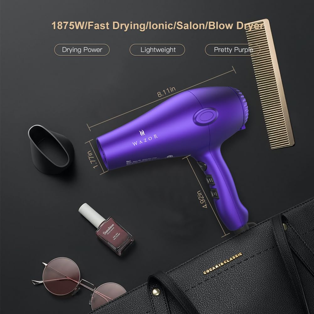Purple Professional Light Weight Hair Dryer 1875W Tourmaline Ceramic Negative Ionic Blow Dryer with Diffuser & Concentrator & Comb
