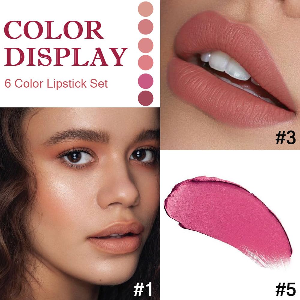 ORANOT 6 Pcs Nude Pink Brown Rose Red Purple Matte Lipstick Set for Women Long Lasting Waterproof Moisturizing Lipsticks for Older Women 24 Hours Lip Stick Lip Stain Makeup Gift Kit,Lip Makeup Vegan