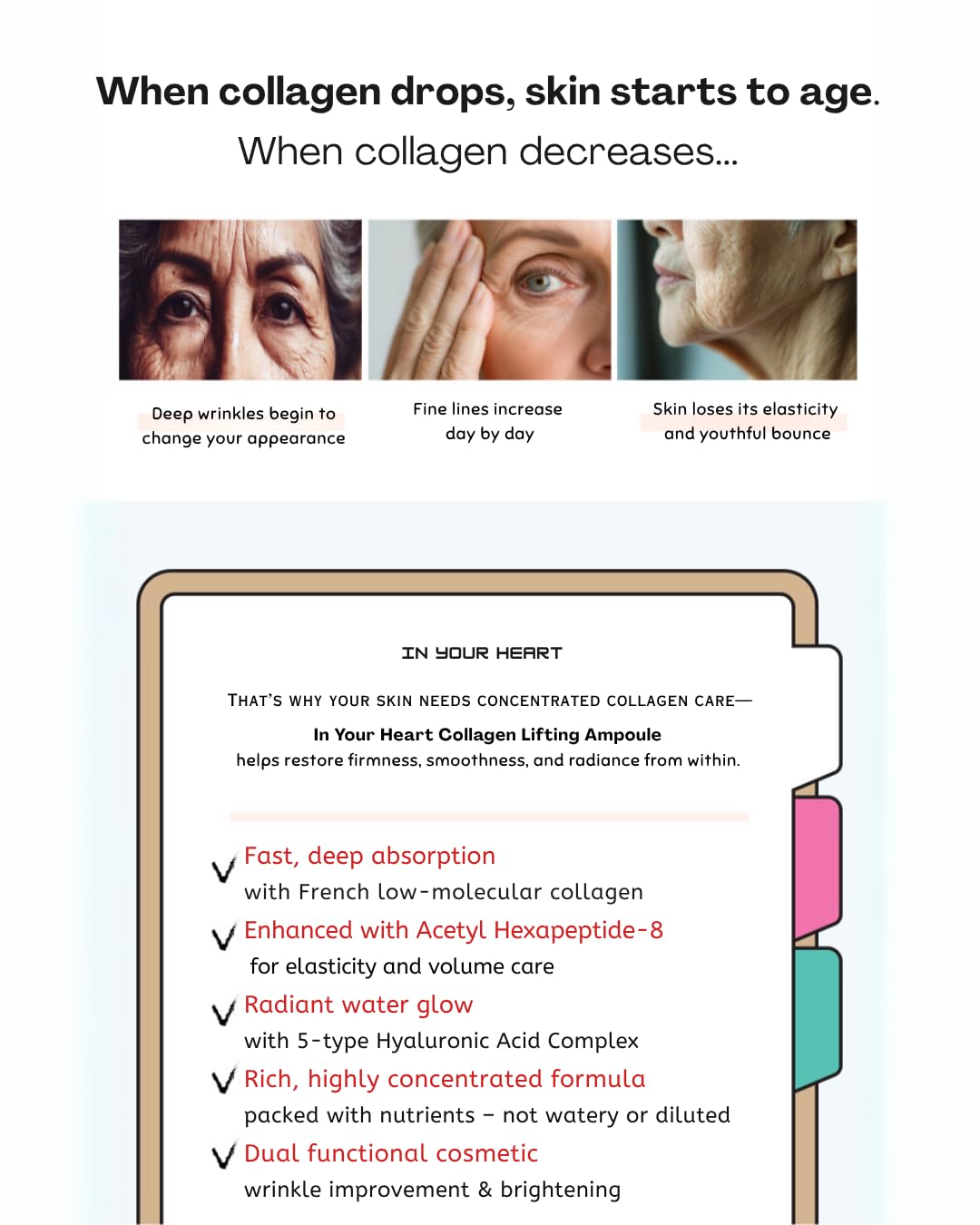 In Your Heart Collagen Lifting Ampoule 1.69 fl oz Anti-Aging Serum with French Hydrolyzed Collagen, Acetyl Hexapeptide-8, Adenosine, and Hyaluronic Acid for Skin Firming and Deep Hydration