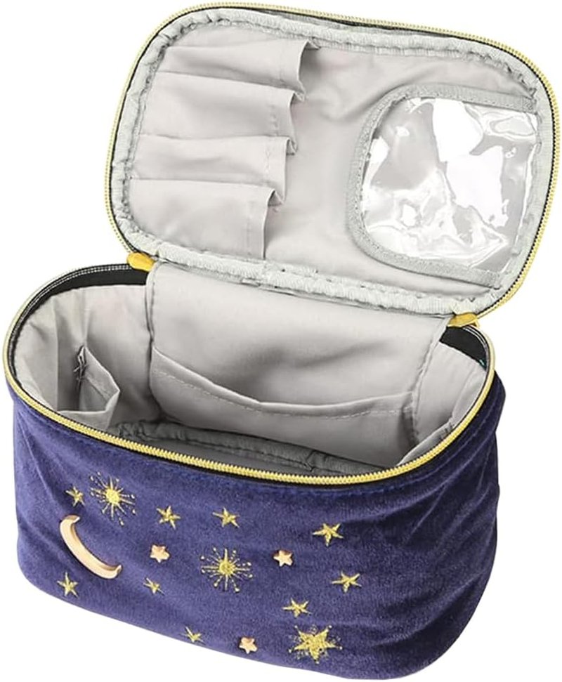 Navy Velvet Embroidery Makeup Bag - High Capacity Toiletry Pouch with Moon & Stars Pattern | Travel Clutch Bag