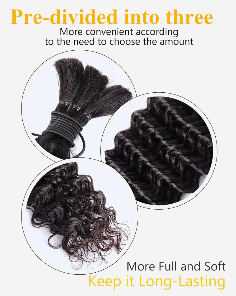 QTHAIR Deep Wave Bulk Human Hair For Braiding 18A No Weft (20" 50g #1B(Natural Black)) 100% Unprocessed Brazilian Deep Wave Human Hair Virgin Hair Extensions Two Bundles Micro Braiding