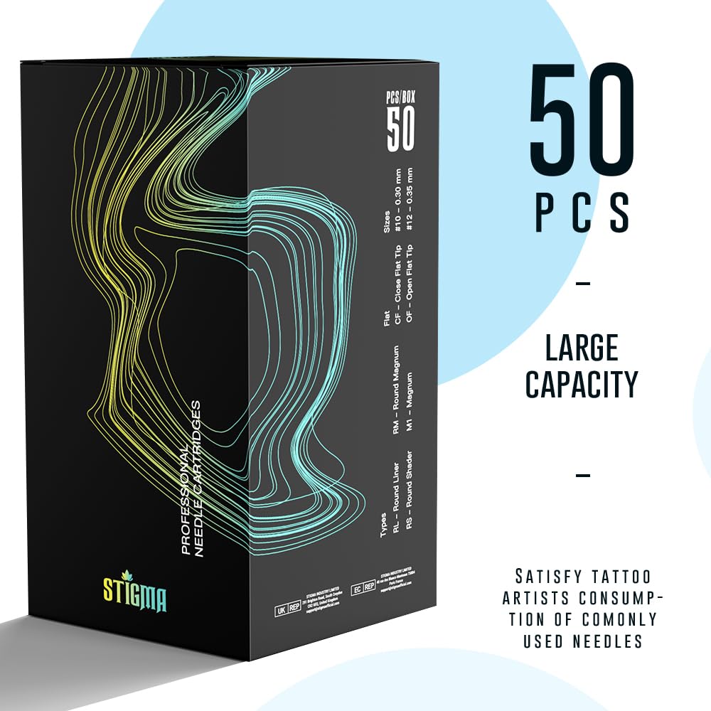 STIGMA Aquamarine Knight Tattoo Cartridge Needles #12(9RM) 50Pcs 0.35mm Standard Disposable Tattoo Needles Cartridges with Membrane Curved/Round Magnum EN02B-50-OF1209RM