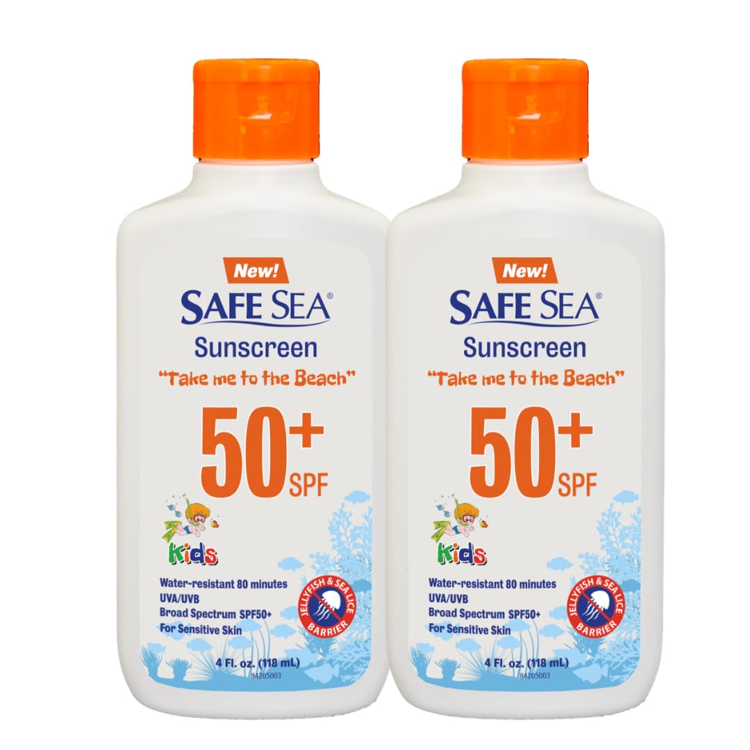 Safe Sea SPF50+ Kids sunscreen - Jellyfish and Sea lice protective lotion. Very Water Resistant, Sensitive skin. Oxybenzone and Octinoxate free, Paraben free, 4 fl. Oz. Pack of 2