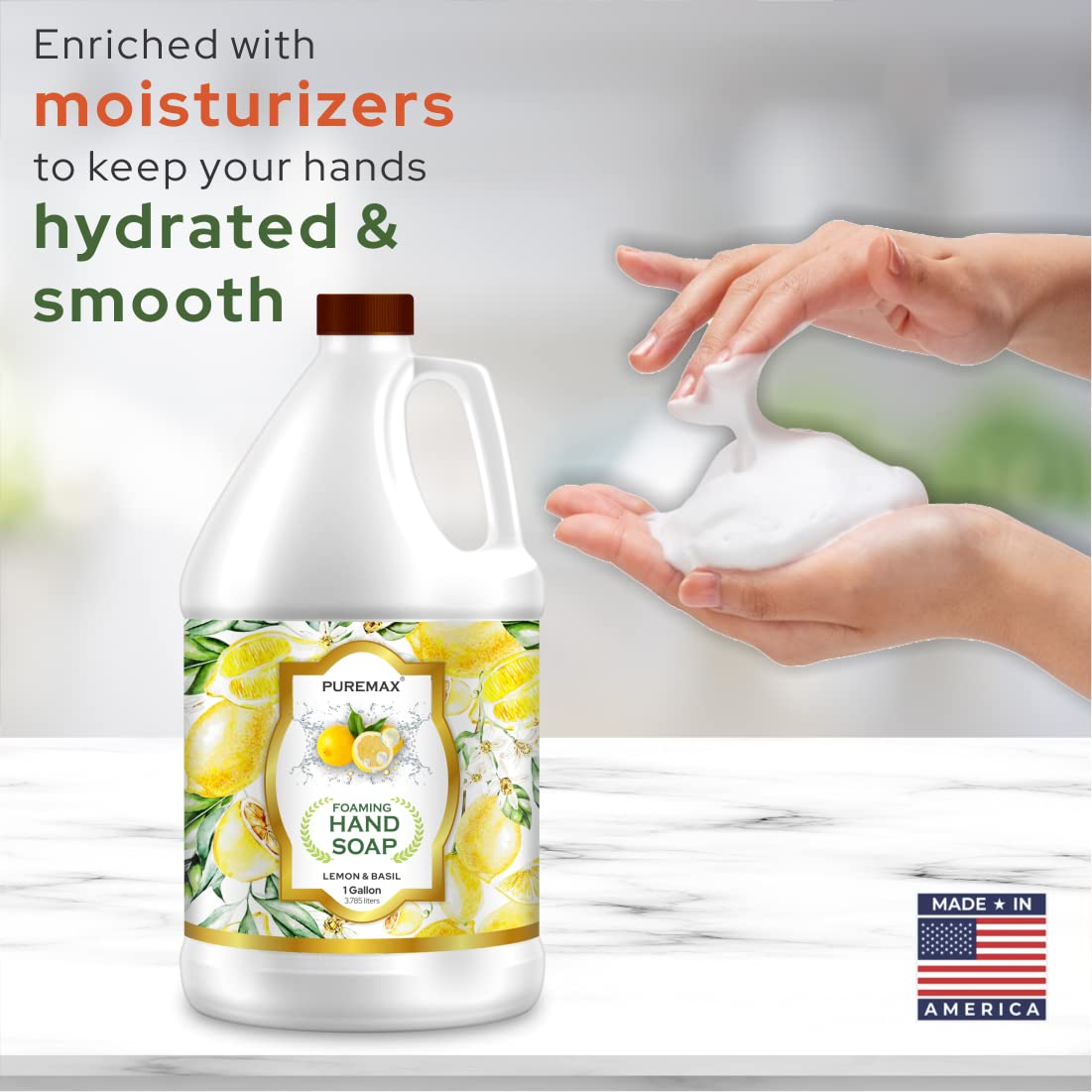 Puremax Foaming Hand Soap Refill 1 Gallon (128 Fl Oz), Lemon Basil Scent, Rich & Creamy Foam, For Foaming Dispensers Only, Bulk Size, Made in USA