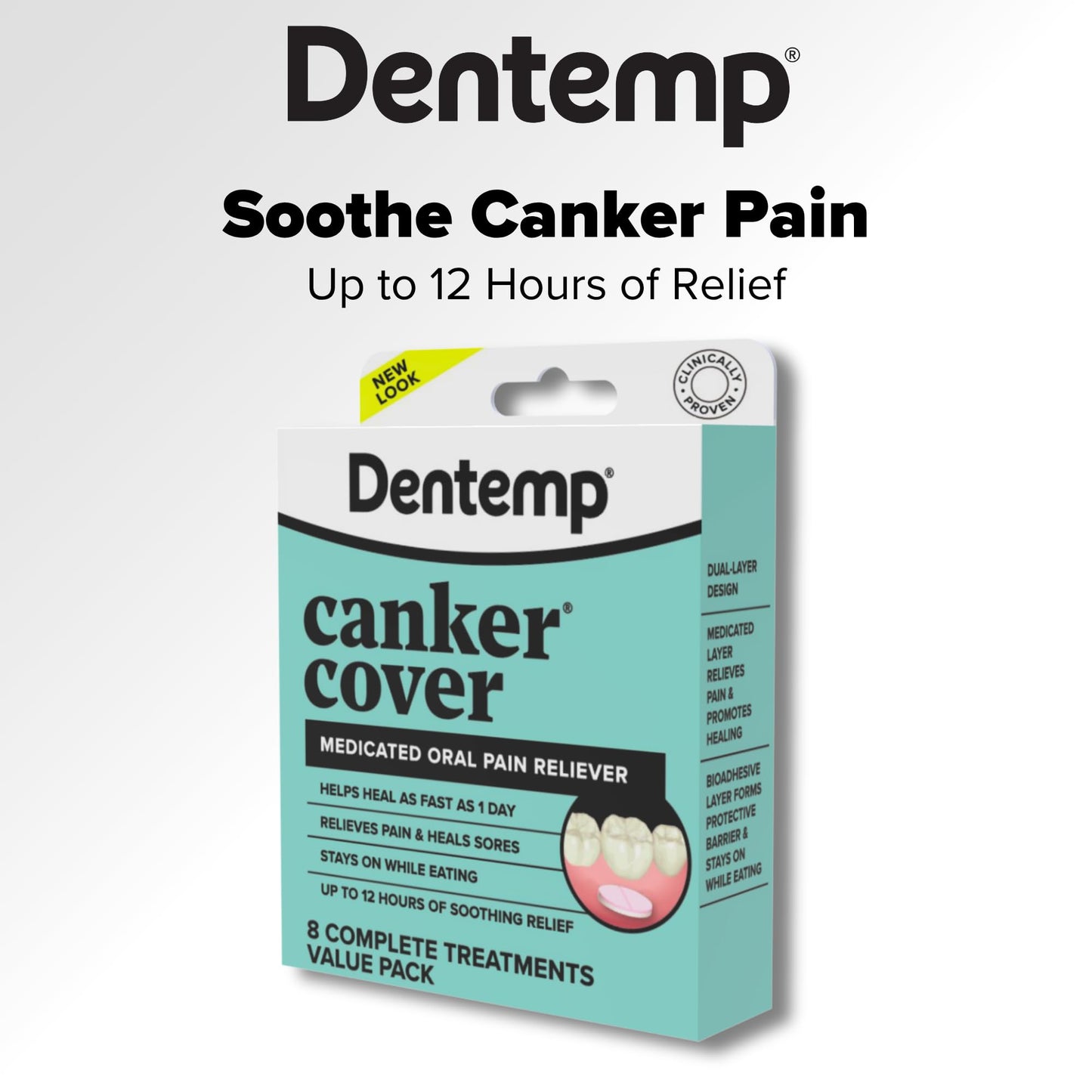 Dentemp Canker Cover Mouth Sore Treatment - Oral Pain Relief for Canker Sores & Mouth Irritation - Fast-Acting Pain Relief Tablets for Adults - Value Pack of 3 (24 Count)