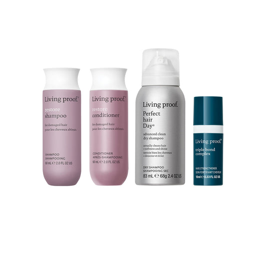 Living Proof Damaged Hair Starter Kit - Travel Size Restore Shampoo, Conditioner, Triple Bond Complex and Advanced Clean Dry Shampoo ($72 value)