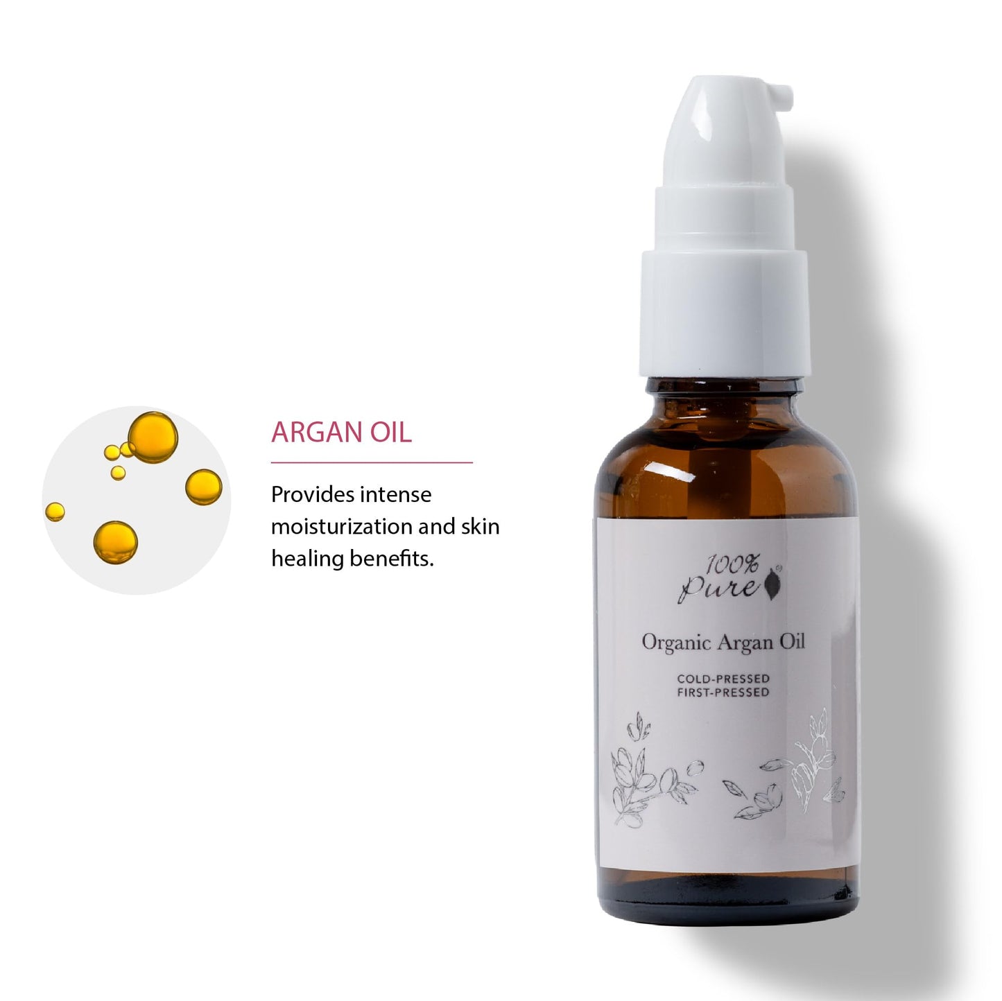 100% PURE Argan Oil, Cold-Pressed, Natural Moisturizer for Skin, Hair & Nails, Facial Serum, Hair Detangler, Cuticle Oil, Makeup Remover - 1.52 Fl Oz