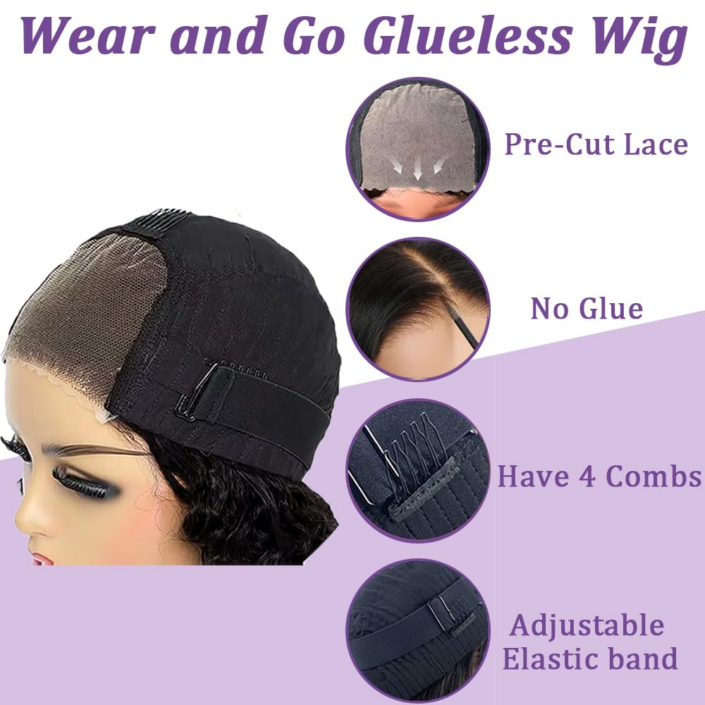 Pinketer Glueless Wigs Human Hair Pre Plucked Pre Cut Wear and Go Straight Bob Wigs 4x4 Lace Closure Wigs 180% Density Short Human Hair Wigs for Black Women (Glueless Wig, 12inch)