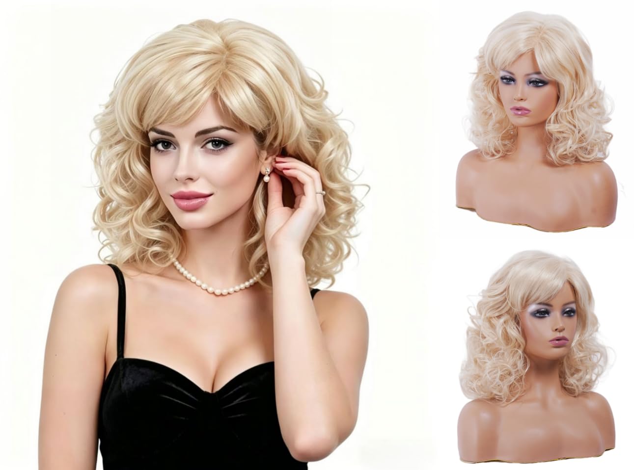 NJJYXH 16 Inches Blonde Wigs for Women Long Wavy Wig Synthetic Natural Shoulder Length Wig for 70s 80s Cosplay,Halloween,Daily Use