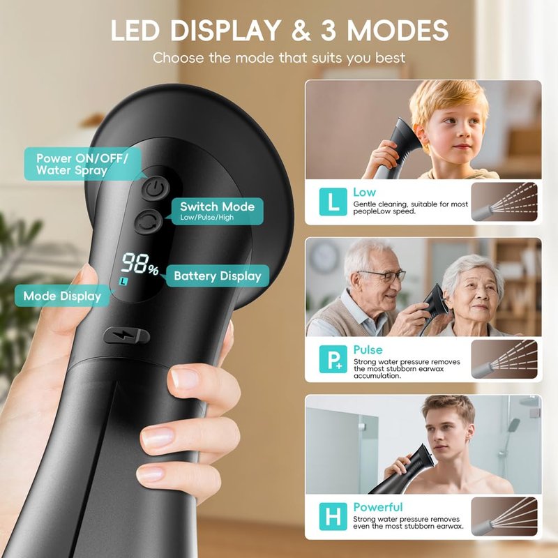 Ear Wax Removal with LED Display, Temodu Electric Ear Cleaner, Rechargeable Earwax Remove Removal Ear Irrigation System, 3 Pressure Modes Ear Cleaning Earwax Removal (12 Disposable Tips)-Black