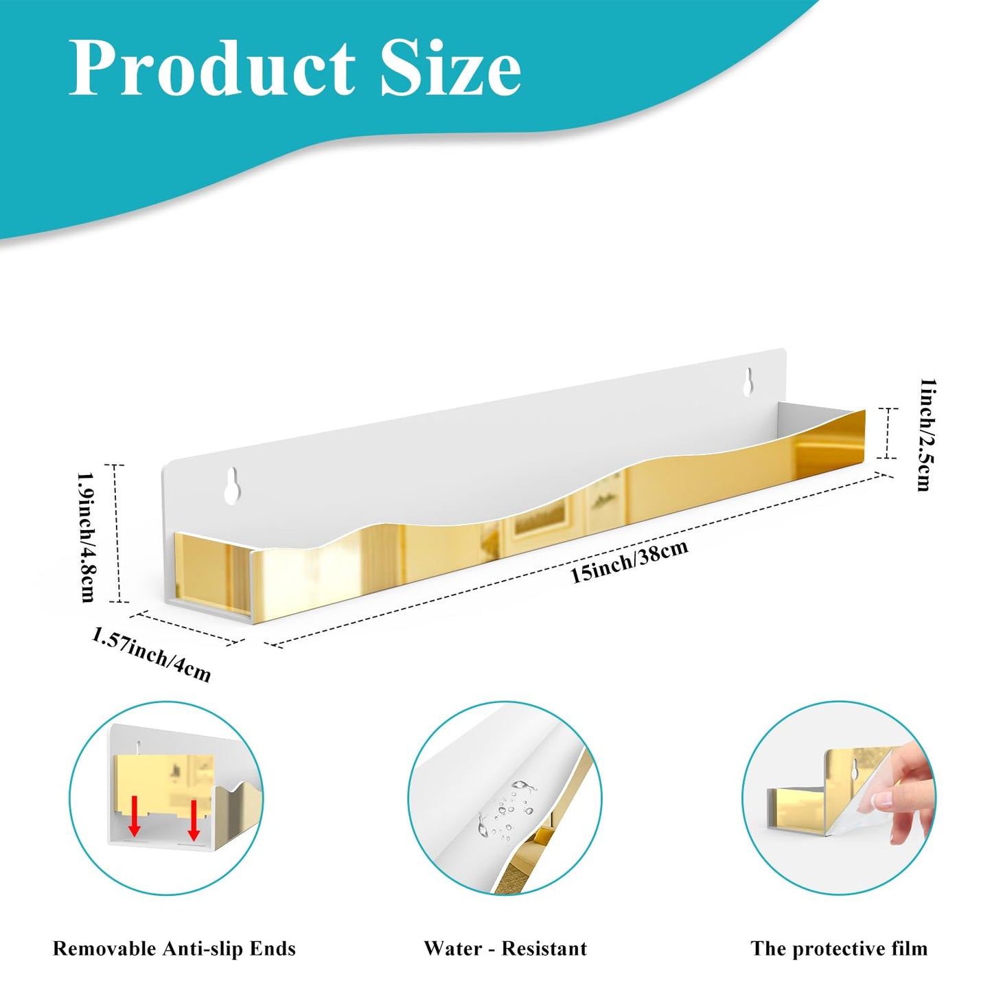 SOVQUEST 6 Pack Nail Polish Wall Rack Mirror Gold Acrylic Wall Mount Ledges with Stopper 15 Inch Kids Bookshelf Tattoo Ink Essential Oils Figurine Display Shelves Spice Rack for Salons Retailers Home