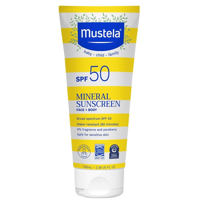 Mustela Baby Mineral Sunscreen Lotion SPF 50 - Sensitive Skin Protection | Water Resistant & Fragrance Free, Regular & Family Size