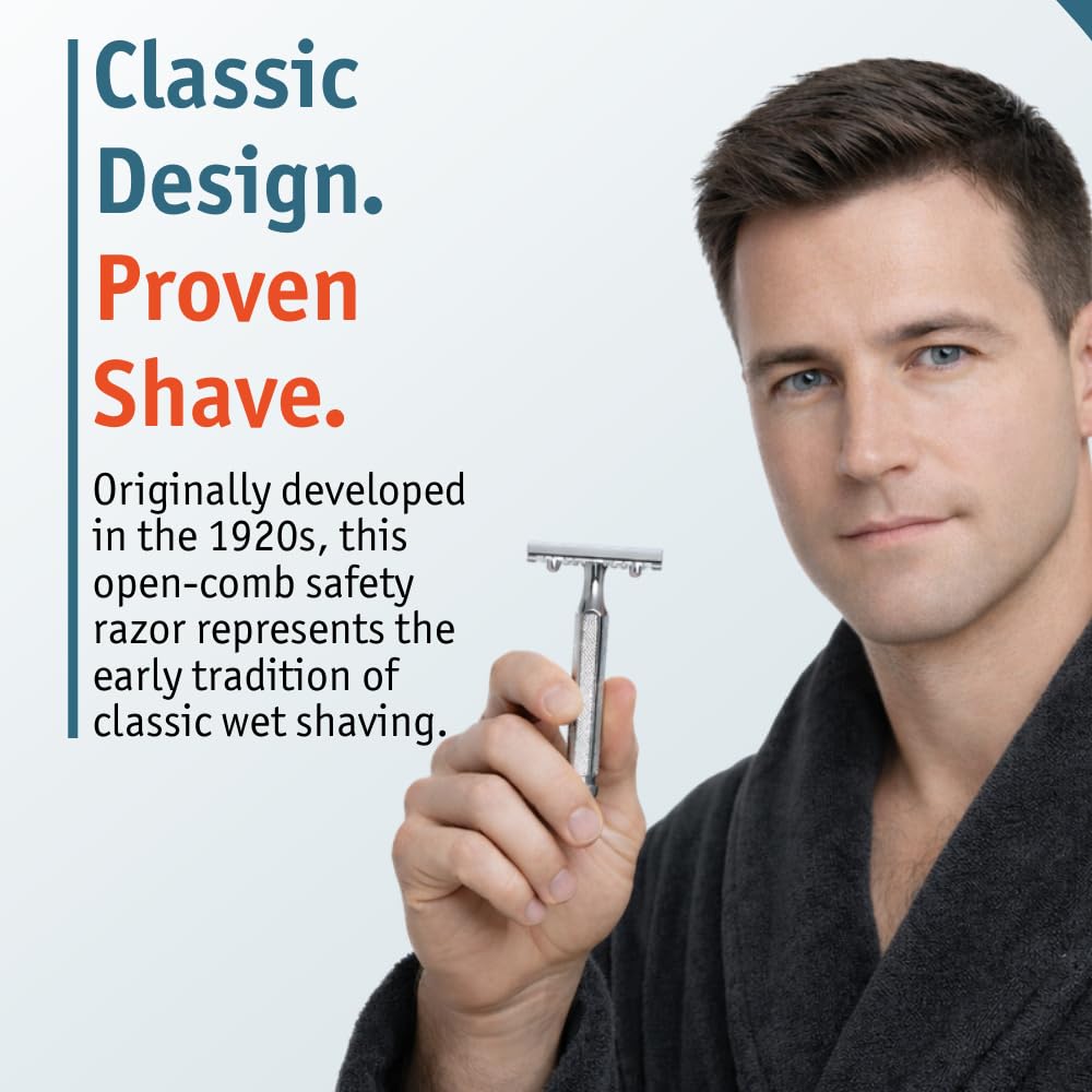 MERKUR 41C Double Edge Safety Razor, Open Tooth Comb, Three-Piece Design, Standard Handle, Bright Chrome Finish, Made in Germany