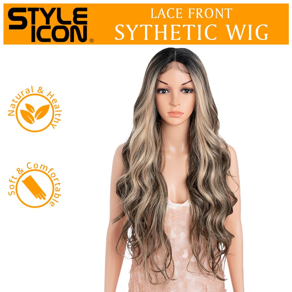 Style Icon Highlight Blonde Long Wavy Wig for Women Middle Part Curly Wavy Wig Natural Looking Synthetic Heat Resistant Fiber Wig for Daily Party Use (28 Inches, NTPDHL1B/8/26R)