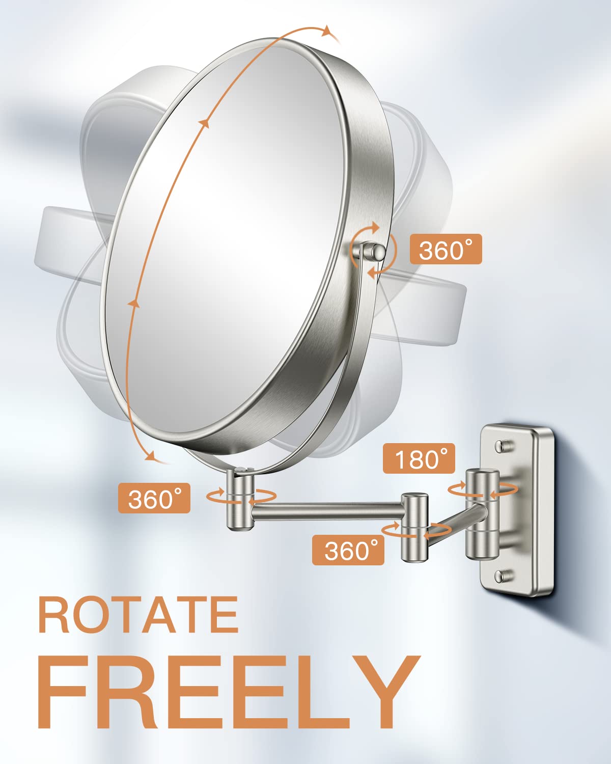 Benbilry 9" Large Size Wall Mounted Makeup Vanity Mirror, 1X/10X Magnifying Double Sided Shaving Mirror for Bathroom, 360° Swivel Extendable Arm, Nickel Finish