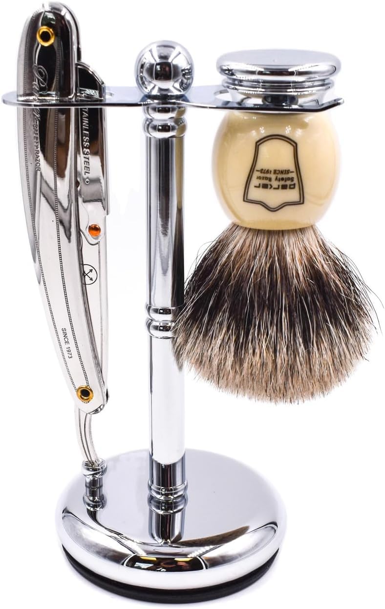 Parker Deluxe Chrome STRAIGHT RAZOR & SHAVE BRUSH Stand – Heavyweight Chrome-Plated Holder with Non-Slip Rubber Base – Fits Straight, Barber Razors & 20–25 mm Shaving Brushes – Wet Shaving Organizer