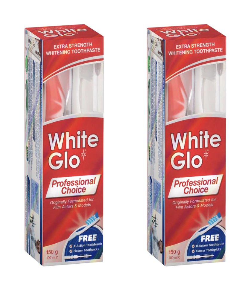 White Glo Extra Strength Whitening Toothpaste Professional Choice 100ml - 2 Packs with Sanitral 50 Pcs Dental Floss Stick Included as a Gift