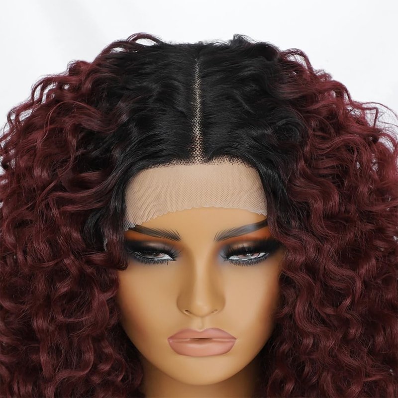 Felek 16inch Curly Lace Front Wigs Middle Part Jerry Curl Wig Ombre Burgundy Color T Lace Front Curly Synthetic Pre-Plucked Deep Curly Wigs For Black Women(T1B/BUG)