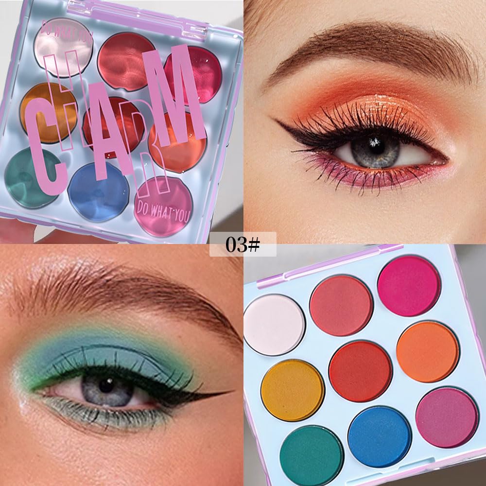 KXmzeG 9-Color Rainbow Eyeshadow Palette – Blendable Matte Brights in Pink, Yellow, Blue & Green – Waterproof, Long-Wear, Perfect for Creative or Party Makeup 03#