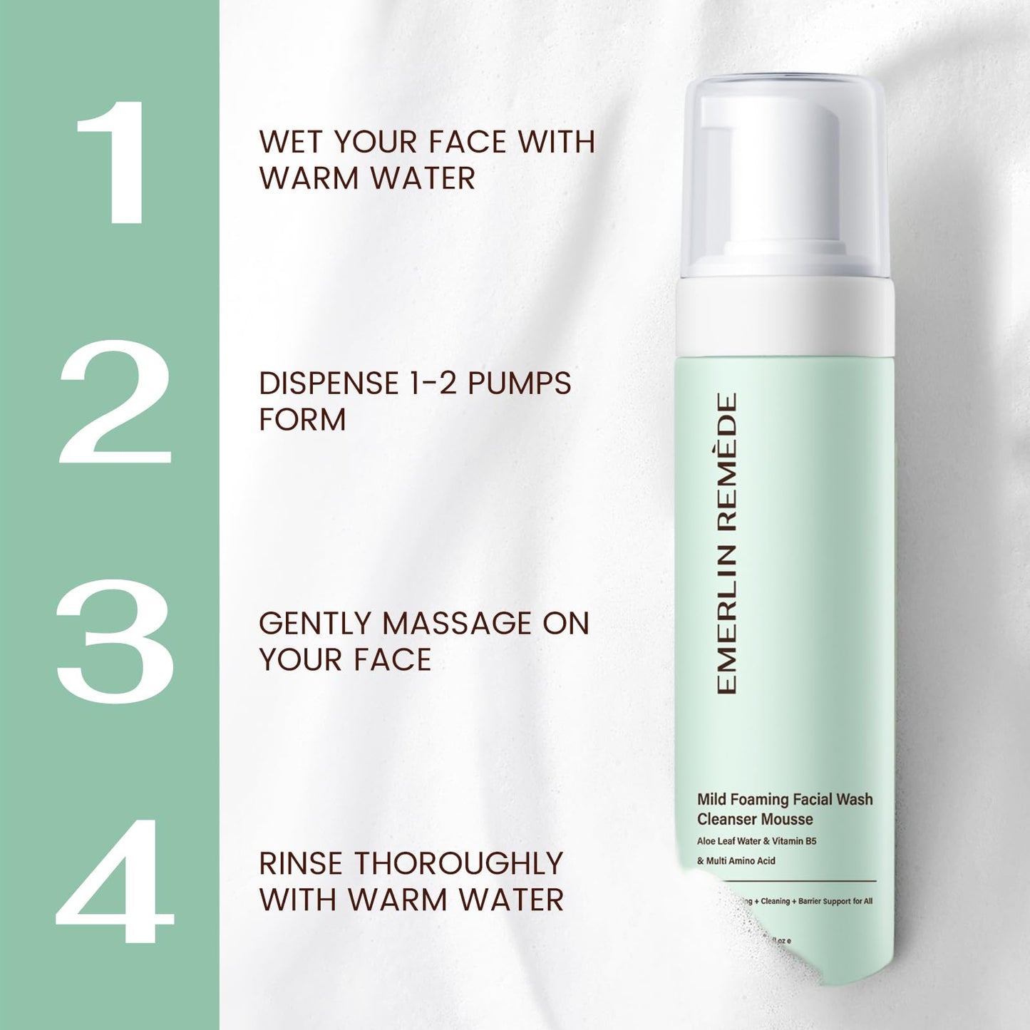 Emerlin Remède Mild Foaming Facial Wash Cleanser Mousse with Aloe Leaf Water, Amino Acids & Vitamin B5, Gentle Hydrating Face Wash for All Skin Types, 200ml