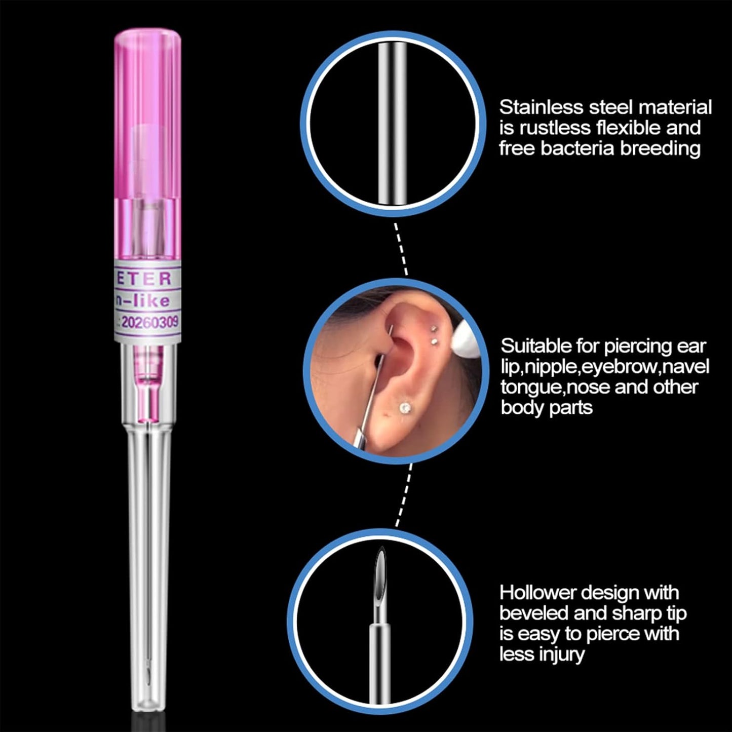 16G Catheter Piercing Kit - 50Pcs Hollow IV Catheter for Ear, Nose, Lip, Tongue & Belly Piercings