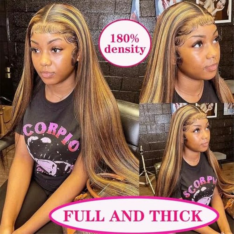 SIFULAN 13x4 Honey Blonde Lace Front Wig Human Hair 180 Density 24 Inch Highlight Ombre Straight HD Transparent Lace Pre Plucked Human Hair Wigs for Women P4/27 Color