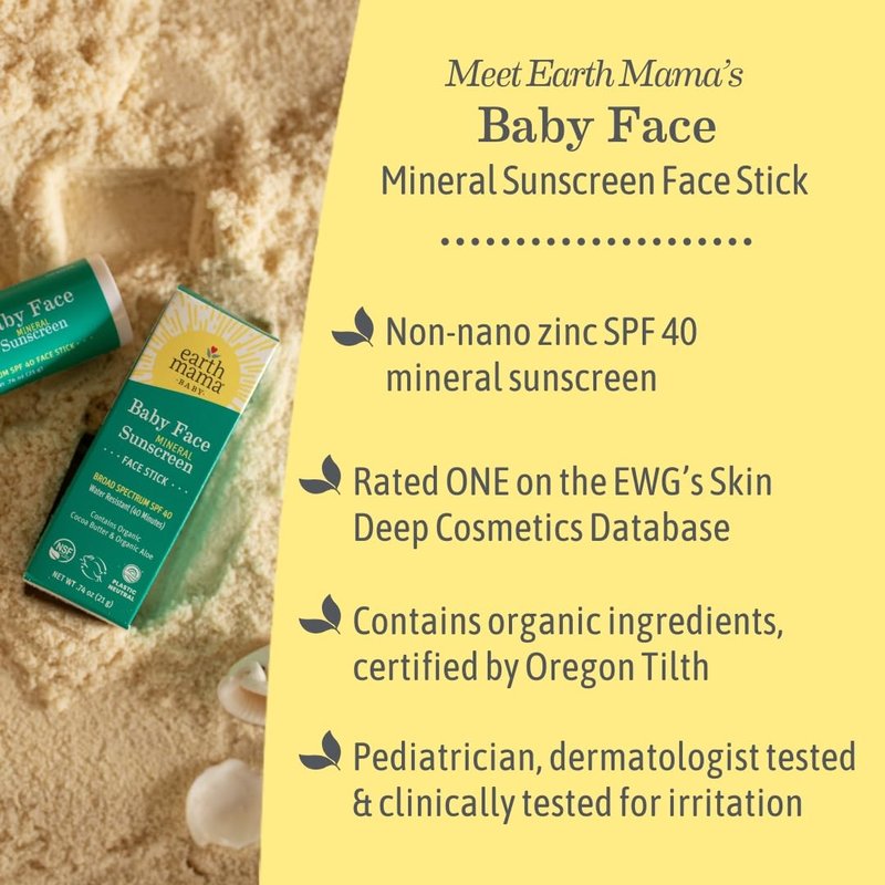 Earth Mama Baby Face Mineral Sunscreen Stick SPF 40 - (3 Pack) 0.74 oz - Non-Nano Zinc - Broad Spectrum Sunscreen for Babies, Kids & Family - Water Resistant Sun Protection