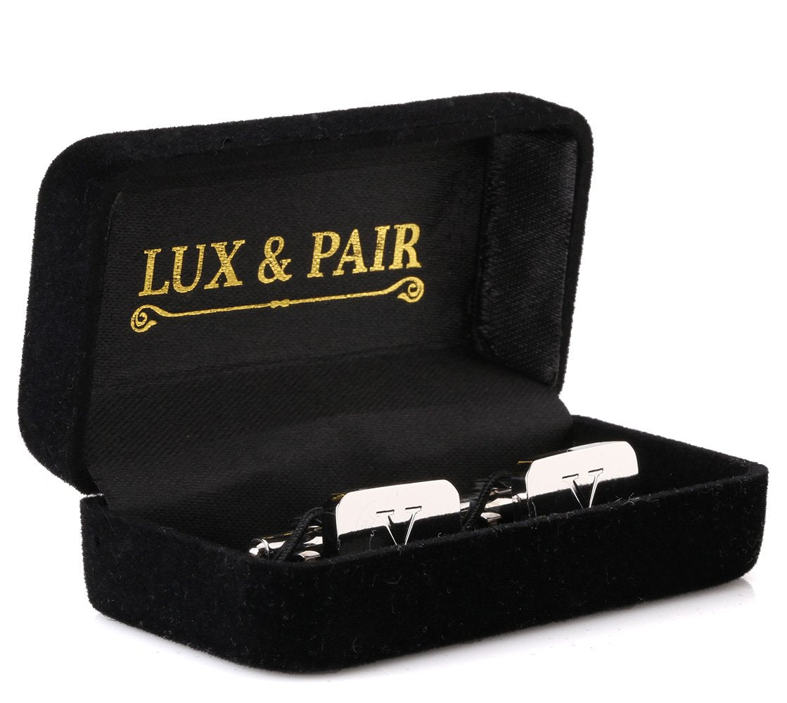 18K White-Gold Plated Initial Engraved Stainless Steel Men’s Cufflinks With Gift Box -Personalized Alphabet Letter’s A-Z By Lux & Pair
