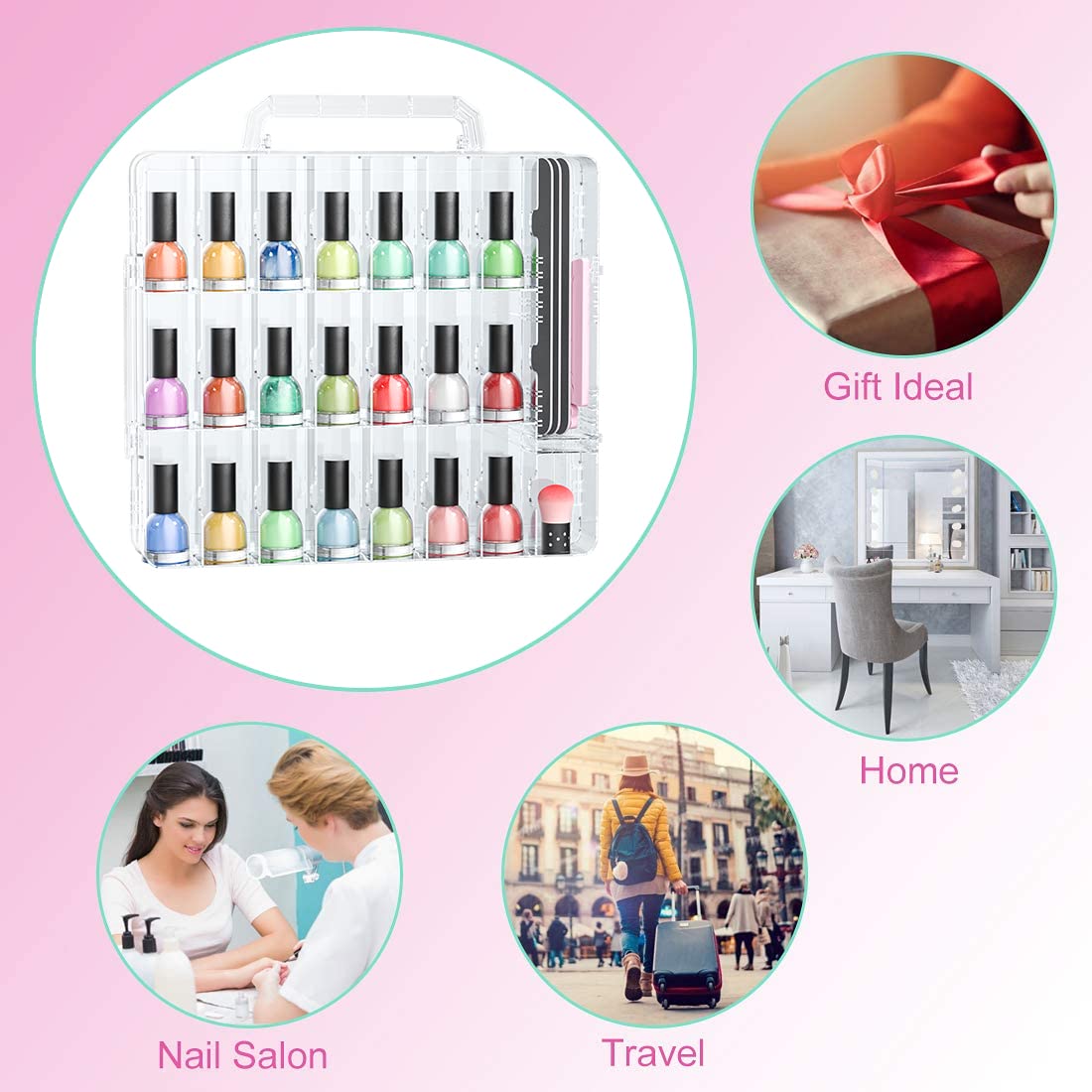 Nail Polish Organizer Case - Holds 48 Bottles | Adjustable Gel Storage with Space Dividers & Toe Separator