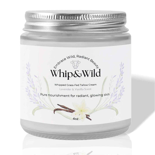 Whip & Wild 100% Grass Fed Beef Tallow for Skin Care Face + Body - Whipped Moisturizer for Sensitive Skin - Natural Lotion, 4 FL. oz. Lavender Vanilla Scent