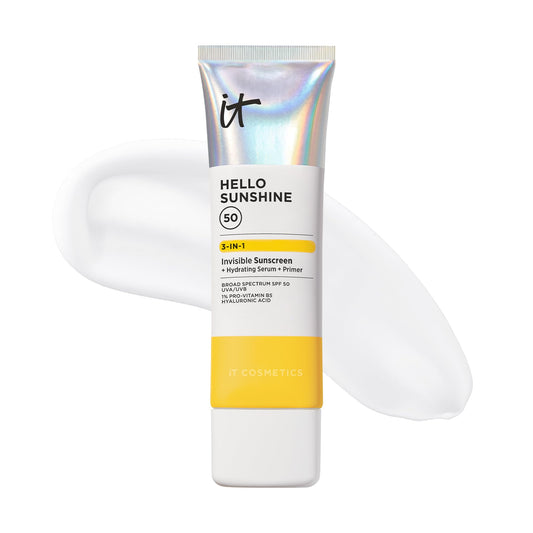 IT Cosmetics Hello Sunshine Invisible Sunscreen for Face SPF 50 - Sunscreen, Hydrating Serum & Makeup Primer - 1% Pro-Vitamin B5 & Hyaluronic Acid - HSA/FSA Eligible - No White Cast - 2.7 fl oz