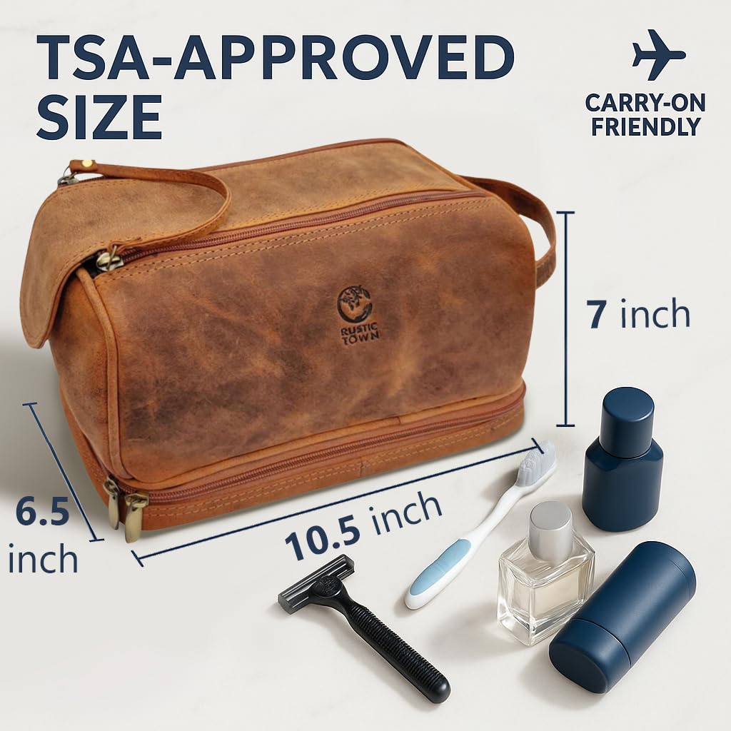 RUSTIC TOWN Leather Toiletry Bag for Men - Travel Shaving Ditty Kit - Bathroom Shower Toiletries Organizer - Cosmetic Makeup Bag for Women