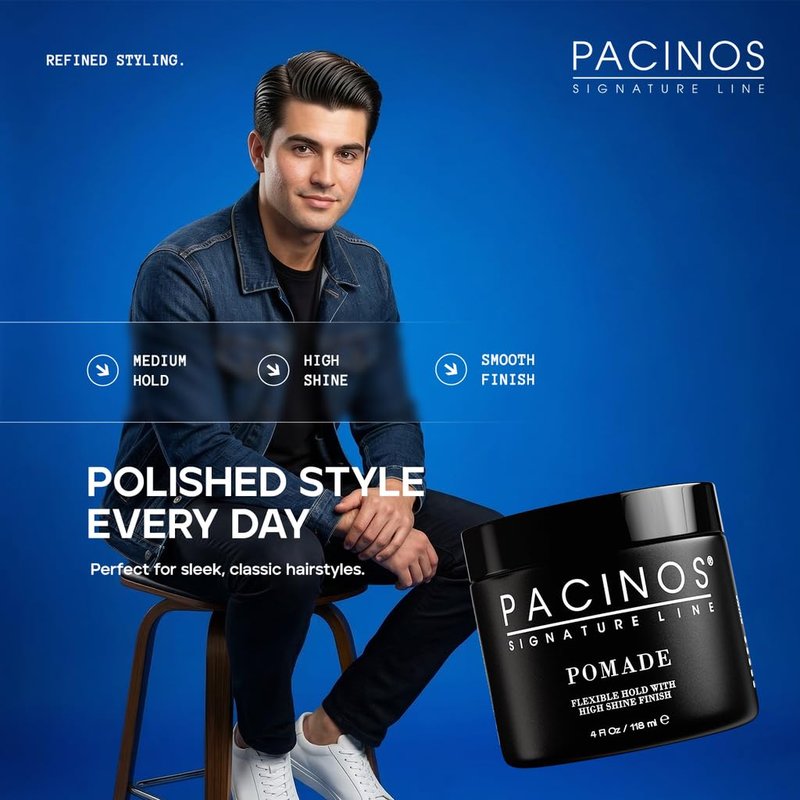 Pacinos Pomade - Flexible Hold, Frizz Control - High Shine Pomade for All Hair Types - 4oz