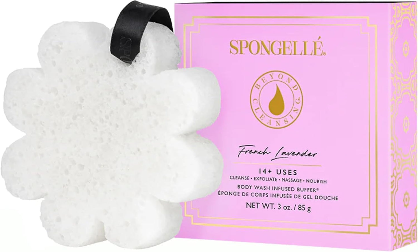 Spongellé Wild Flower Bath Sponge with Box Bundle, Mothers Day Gift | Beach Grass, French Lavender, Freesia Pear | Built-in Body Wash & Body Scrubber, Shower Loofah Sponge for Women | 14+ uses