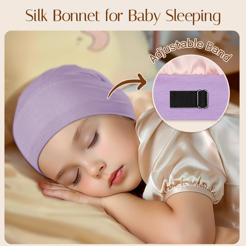 OLESILK Silk Baby Bonnet 6-12 Months: Modal Fabric, Mulberry Silk Lining,Anti-Frizz for Curly Hair, Adjustable Fit Growing Toddler Light Purple