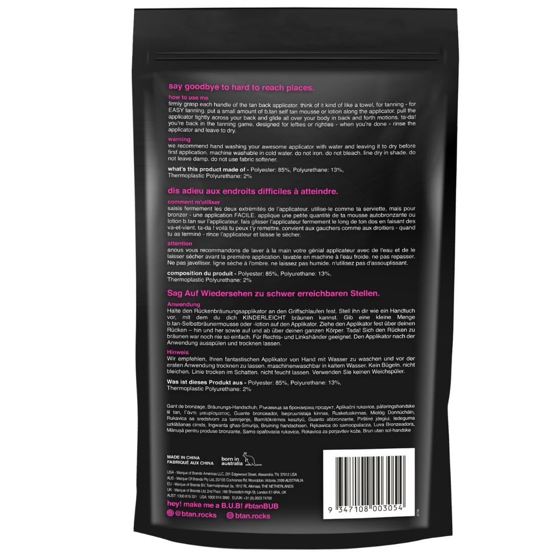 b.tan Back Self Tanning Applicator | We've Got Your Back - Best Sunless Tanner Body Mitt w/Handles, Streak-Free, Velvety Soft, Reusable, Washable, Great for Foam, Mousse, Gradual Lotion, & Drops