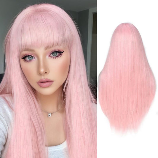 FANCEE Pastel Pink Wig with Bangs Long Straight Wig with Blunt Bangs for Women 26 Inch Synthetic Sakura False Hair Pink Wig with Layered Ends for Cosplay Halloween Party Daily Use