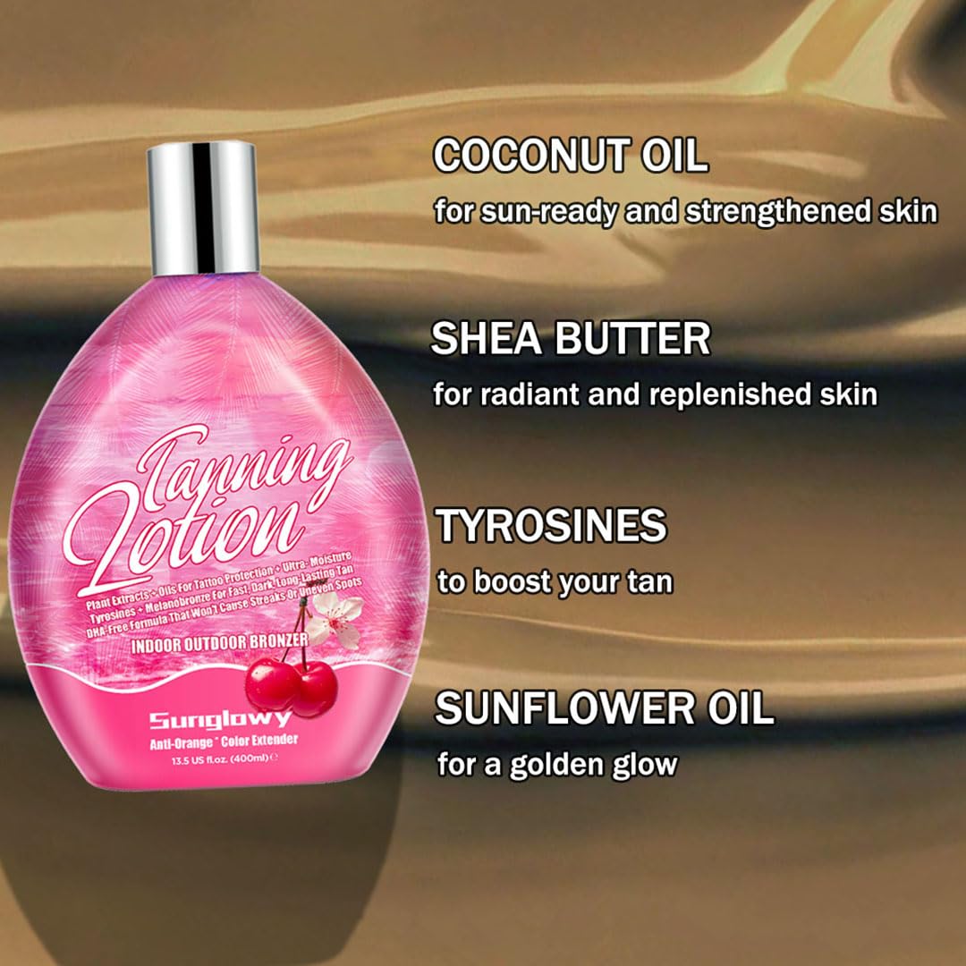 Sunglowy Tanning Lotion For Indoor Tanning Beds And Outdoor Sun With Tattoo Protecting Formula, Tanning Bed Lotion with Bronzer, DHA-Free, 13.5 Fl.Oz