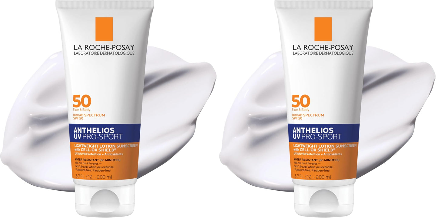 La Roche-Posay Anthelios UV Pro-Sport SPF 50 Sunscreen for Face&Body, Water&Sweat Resistant with Non-Drip Formula,Invisible Broad Spectrum Sunscreen Lotion,Lightweight&Breathable,6.7 Fl Oz (Pack of 2)