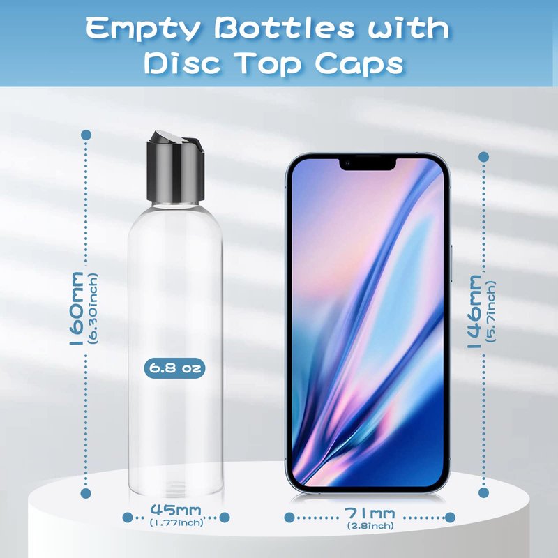 Potchen 24 Pcs 6.8 oz Clear Plastic Empty Bottles Refillable Containers with Disc Cap Travel Shampoo Bottles for Shampoo Lotions Creams Liquid Cosmetic Body Soap