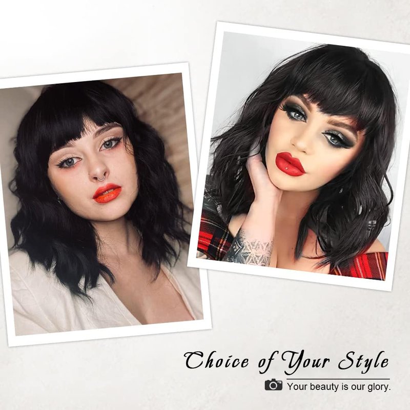 Curly Bob Wig - Short Synthetic Black Wig with Bangs | Heat Resistant Fiber for Natural Look